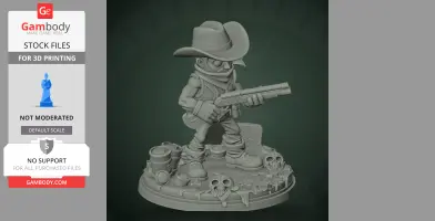 Character figure wearing a cowboy hat, holding a shotgun, standing on a detailed base with skulls.