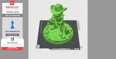 Cowboy character figure with a hat and gun, standing on a decorated base. 3D model for printing.