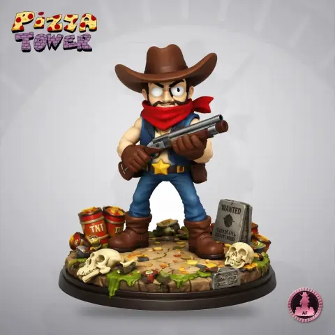 Cowboy character with shotgun, red scarf, and star badge on a colorful base with TNT and skulls.