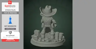 Cowboy figure with hat and guns, standing on a detailed base with barrels and debris.