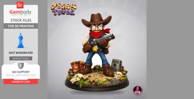 Cowboy figure with a shotgun, red bandana, and hat, standing on a base with skulls and TNT barrels.