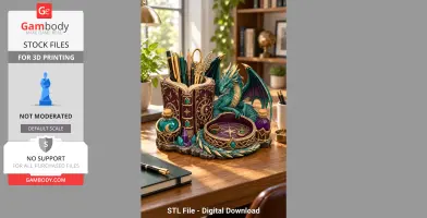 A detailed turquoise dragon organizer with a book design, holding pens and small items, ideal for 3D printing.