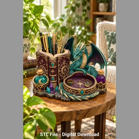 Turquoise dragon desk organizer with book and pen holders, set on a wooden table.