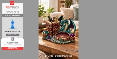 Turquoise dragon-shaped organizer holding stationery, adorned with mystical designs and gem accents.