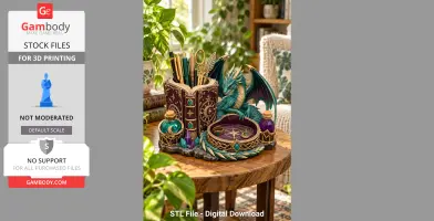 Turquoise dragon desk organizer holding pens, decorated with fantasy-themed elements and potion bottles.