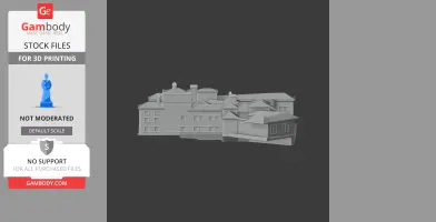 3D model of a detailed multi-sectioned architectural structure with chimneys and various roof levels.