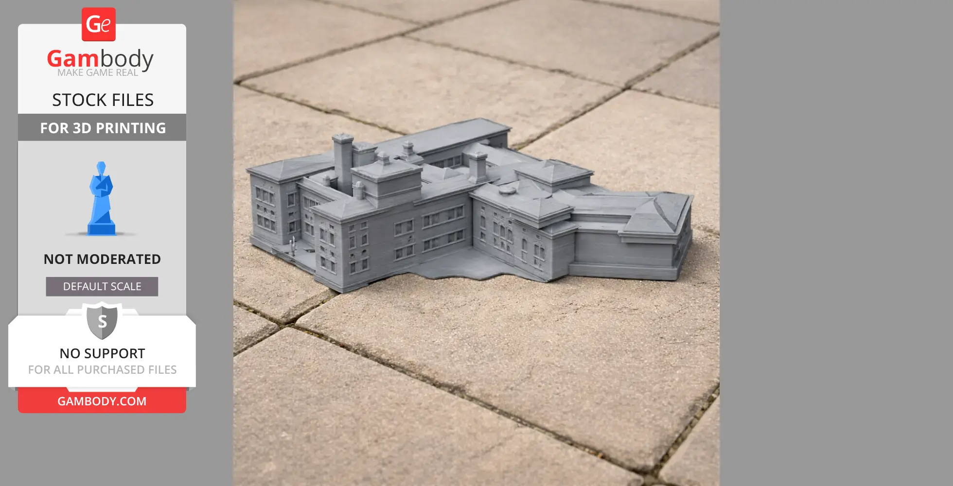 Gray 3D-printed model of Aske Hall, detailed architecture, displayed on stone tiles.