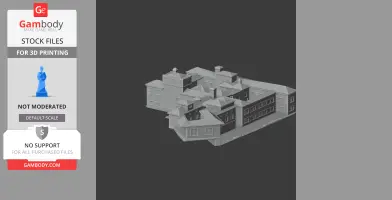 3D model of a detailed, classic architectural building complex with multiple sections and chimneys.