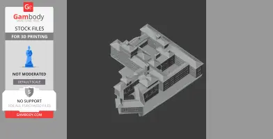 A 3D model of a complex multi-story building with varied roof structures and rectangular windows.