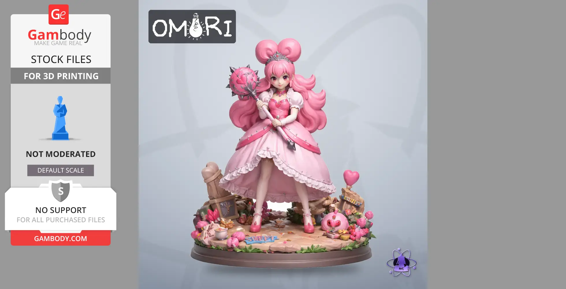 Pink-haired character in elaborate dress holds spiked mace, standing on decorative base with hearts and flowers.