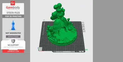 A 3D printable figure of a character in a detailed dress, standing on a decorated round base.