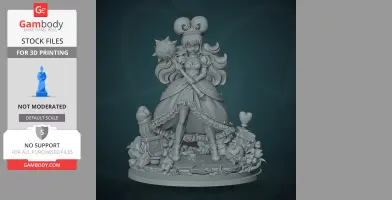 A detailed 3D model of a fantasy character in a dress holding a mace, with heart and flower accents.