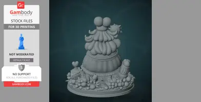 A whimsical figure with a bulbous hairstyle, surrounded by fruits and decorative elements on a base.
