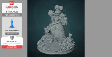 A detailed figure of a character in a dress holding a mace, surrounded by various small objects on a base.