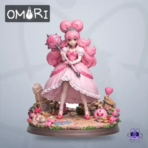 Pink-haired character in a frilly dress, holding a staff, surrounded by hearts and flowers.