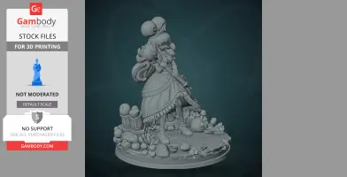 A detailed 3D model of a character in a gown holding a mace, surrounded by whimsical objects on a base.
