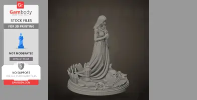 A robed figure stands on a detailed base with skulls and chains, resembling a character with a mysterious aura.