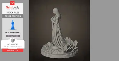 A 3D model of a robed figure with long hair, standing chained on a decorative base with crystal-like formations.