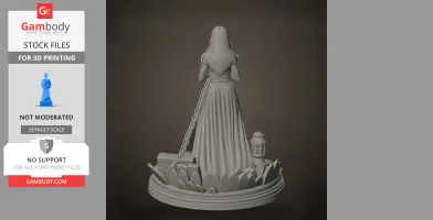 A mysterious robed figure with long hair, chained on a decorative base with rocks and a lantern.