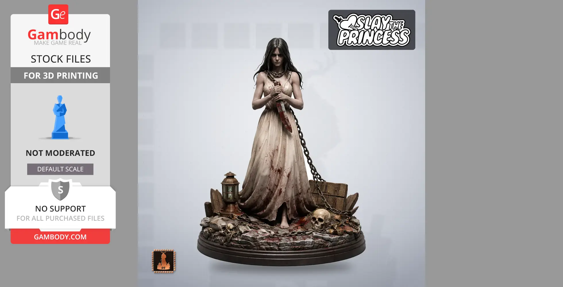 A chained female figure holding a dagger stands on a detailed base with skulls and debris.