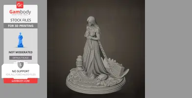 A detailed 3D figure of a chained woman holding a sword, standing on a decorative base with a lantern and skull.