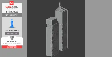 Two detailed skyscraper 3D models with distinct geometric tops, designed for printing.