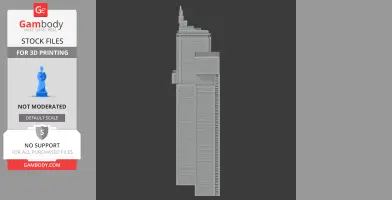 Side view of a detailed 3D model of a skyscraper, suitable for 3D printing.