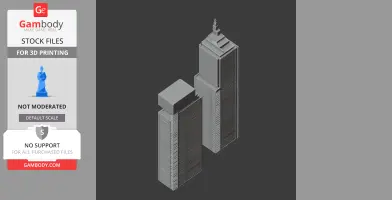 Two detailed, modern skyscraper models for 3D printing with intricate rooftop designs.