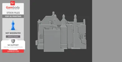 Gray 3D model of Aydon Castle with detailed chimneys and windows, ready for 3D printing.