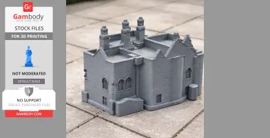Gray 3D-printed model of Aydon Castle with detailed architecture and chimneys, on a tiled surface.