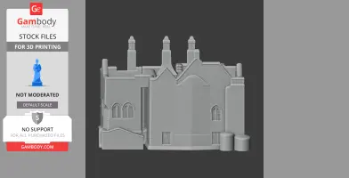 Gray 3D model of a castle facade with chimneys and arched windows, designed for 3D printing.
