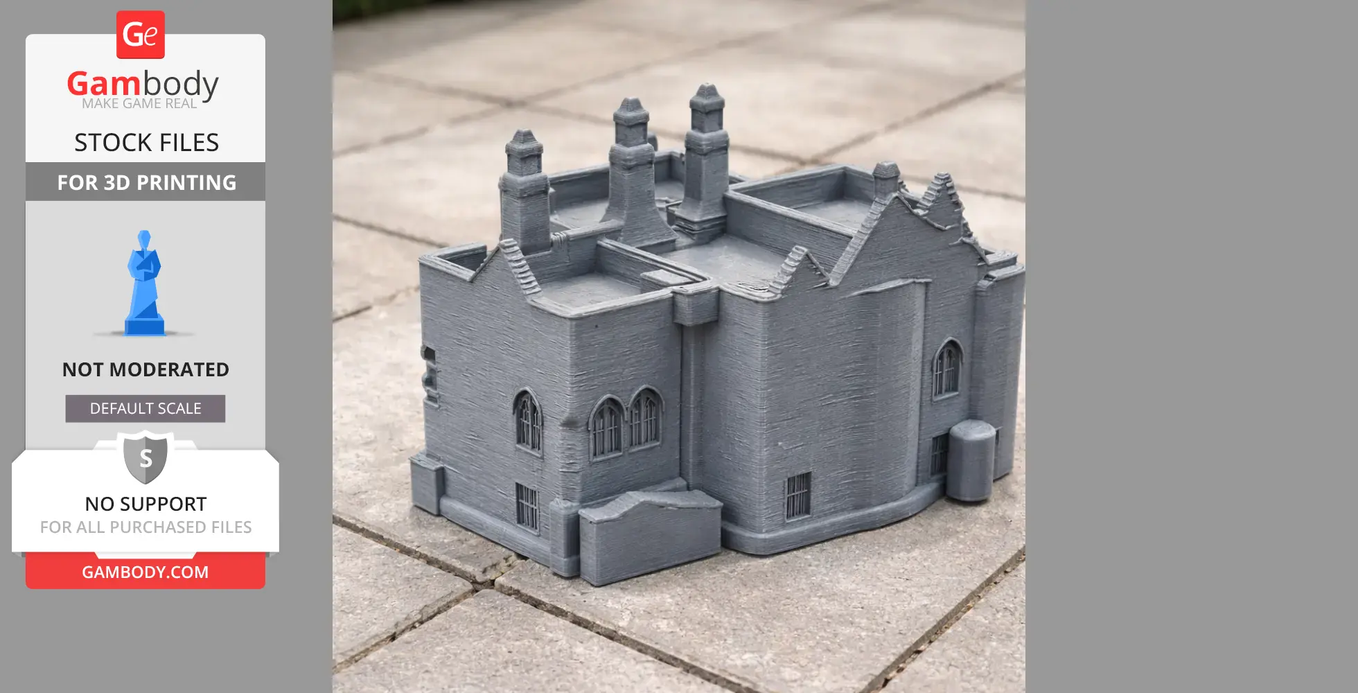 Gray 3D-printed model of Aydon Castle with detailed architecture and chimneys, on a tiled surface.