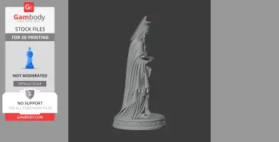 A detailed 3D model of a standing Saint Anne statue, draped in flowing robes, with a halo and holding a book.