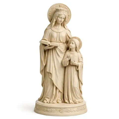 A detailed 3D print model of Saint Anne and a child, both with halos, standing on a decorative base.