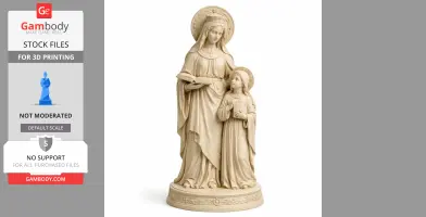 Statue of Saint Anne with a halo, holding a book, and a child at her side, standing on a decorated base.