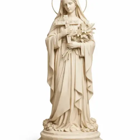 A serene statue of Saint Anne Line holding a cross and lilies, with a halo, in draped robes.