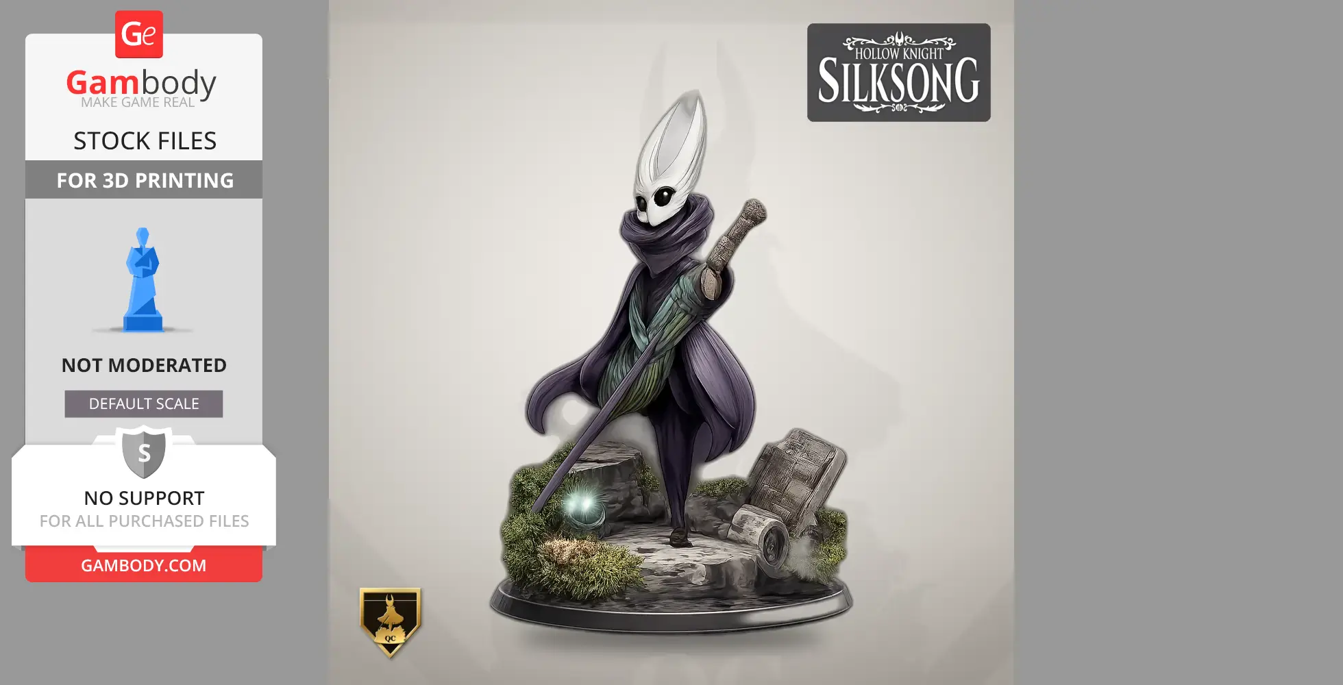 A masked character in a cloak stands on a rocky base, holding a staff, from Hollow Knight: Silksong.