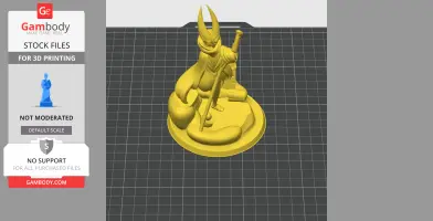 A 3D model of a cloaked character with horns, holding a staff, standing on a circular base.