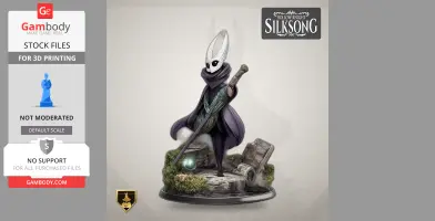 A masked character in a cloak stands on a rocky base, holding a staff, from Hollow Knight: Silksong.