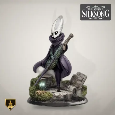 A character with a cloak and elongated head holds a staff, standing on a detailed base with moss.