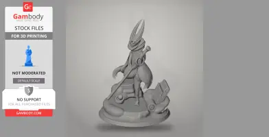 A 3D model of an insect-like character holding a staff, standing on a detailed base.