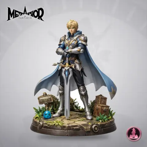 A knight in armor with a blue cape stands on a detailed base, holding a sword.