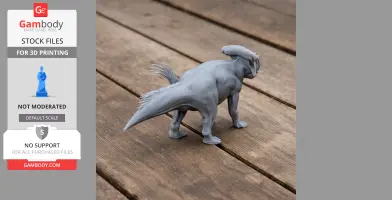 3D printed gray Bagaceratops model on wooden surface.