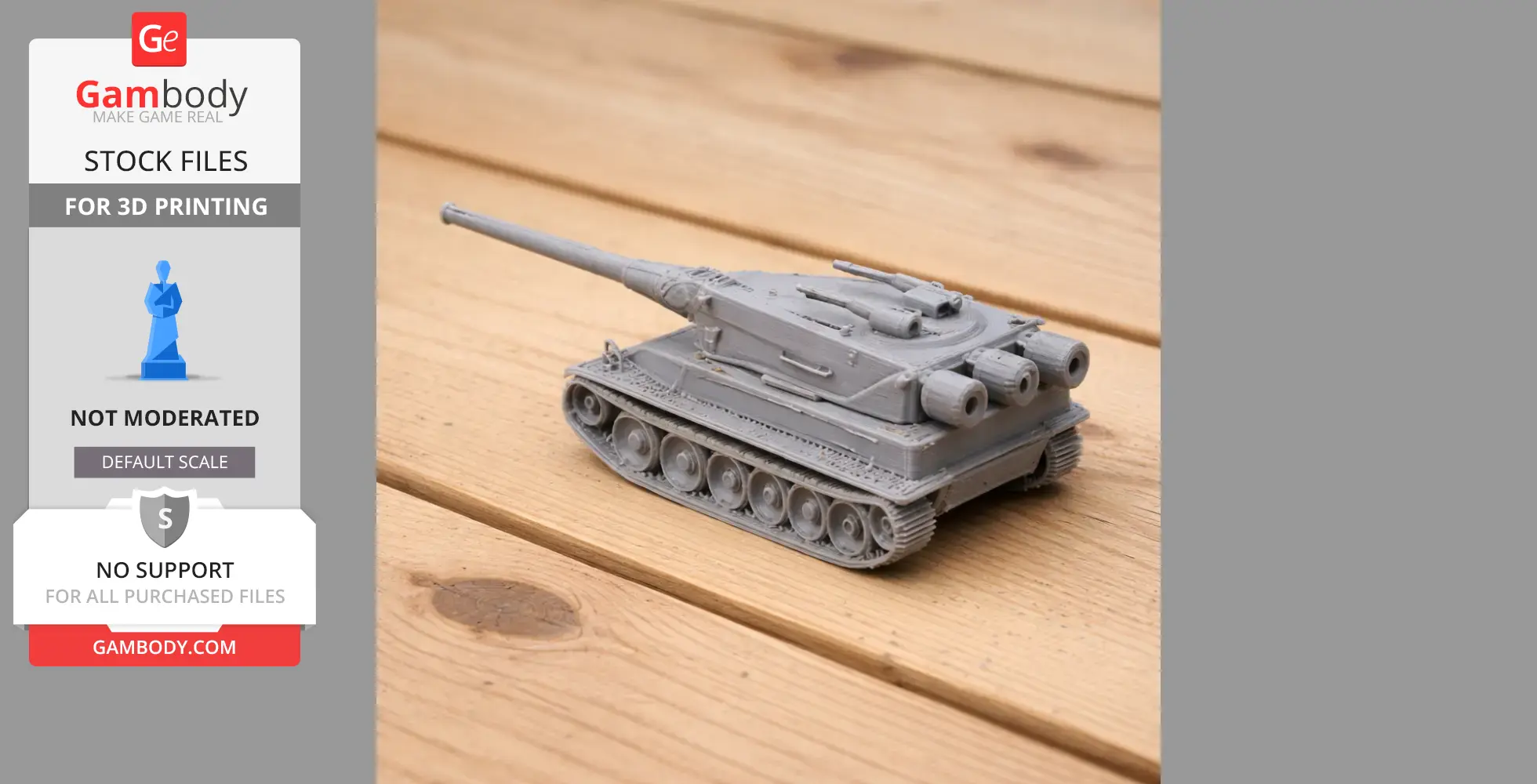 3D-printed gray AMX M4 54 tank model displayed on a wooden surface.