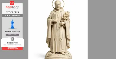 A statue of a robed saint with a halo, holding a book and flowers, on a decorative base.