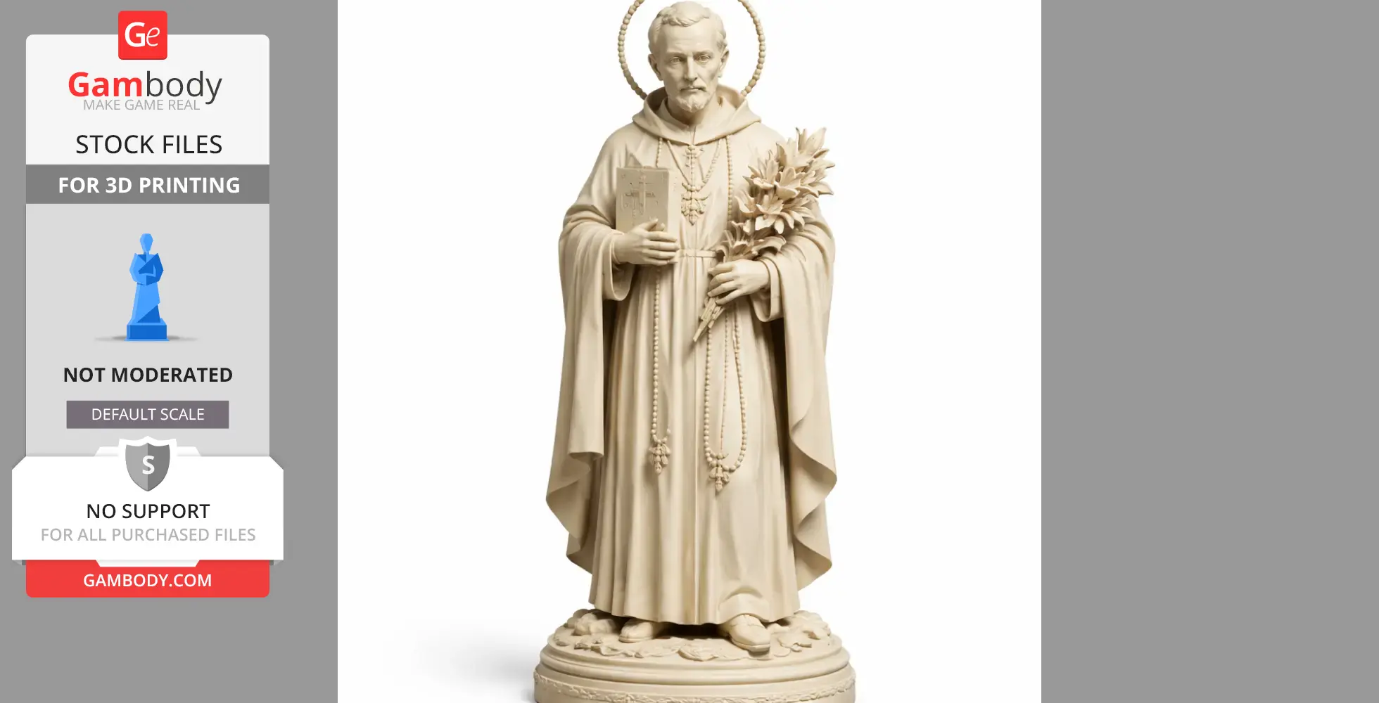 A statue of a robed saint with a halo, holding a book and flowers, on a decorative base.