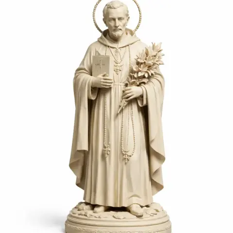 A robed figure holds a book and flowers, standing on a decorative base, with a halo above its head.