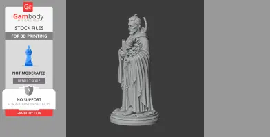 A detailed 3D model of a robed figure holding a book and flowers, standing on an ornate base.