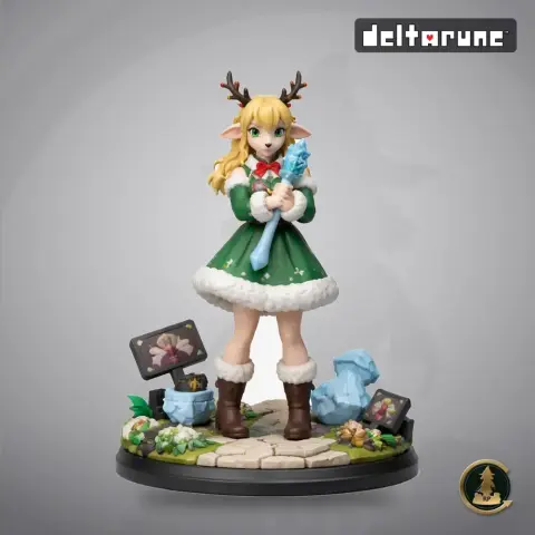 A figurine of Noelle from Deltarune in a green outfit with antlers, holding a blue object, on a detailed base.