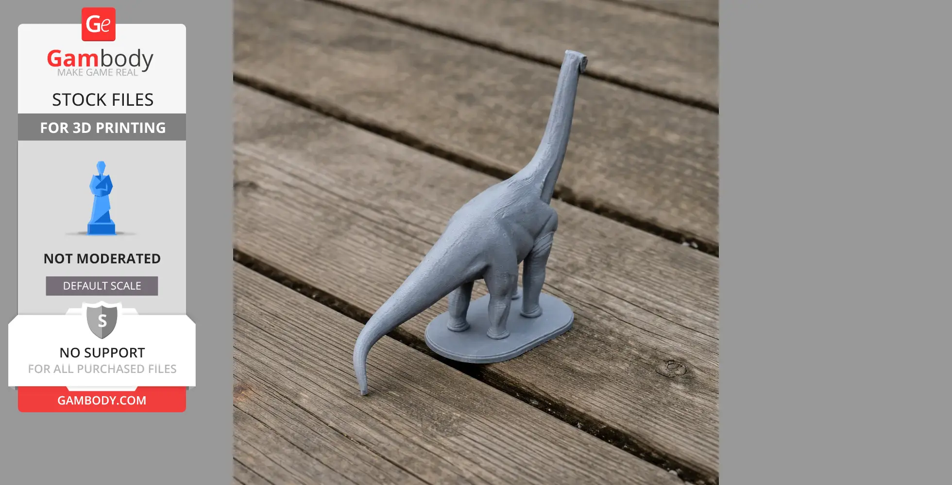 Gray 3D-printed dinosaur model with a long neck and tail on a wooden surface.